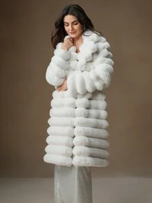 Anewsta New Arrival Autumn/Winter Fluffy Long Coat, Fashionable Faux Rabbit Fur Women Outerwear - White - View 3