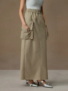 Anewsta Casual Straight Utility Cargo Skirt With Pockets, Elastic Waist Maxi