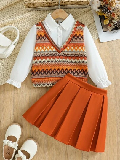 小女孩两件套几何印花长袖上衣和纯色百褶裙橙色儿童套装复古童装