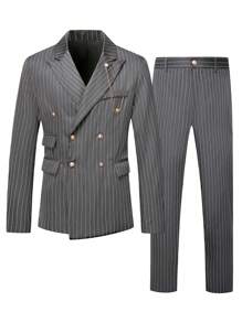 Manfinity Mode Bộ quần áo vest dài tay in họa tiết sọc hai hàng khuy cho nam - Màu xám đen - Xem 3