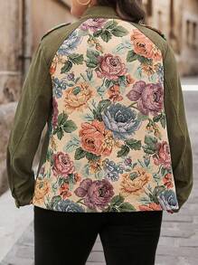 SHEIN LUNE Plus Size Solid Color Patchwork Long Sleeve Front Button Pocket Casual Jacket, Vacation Outfit Women Plus Size Fall Clothes
