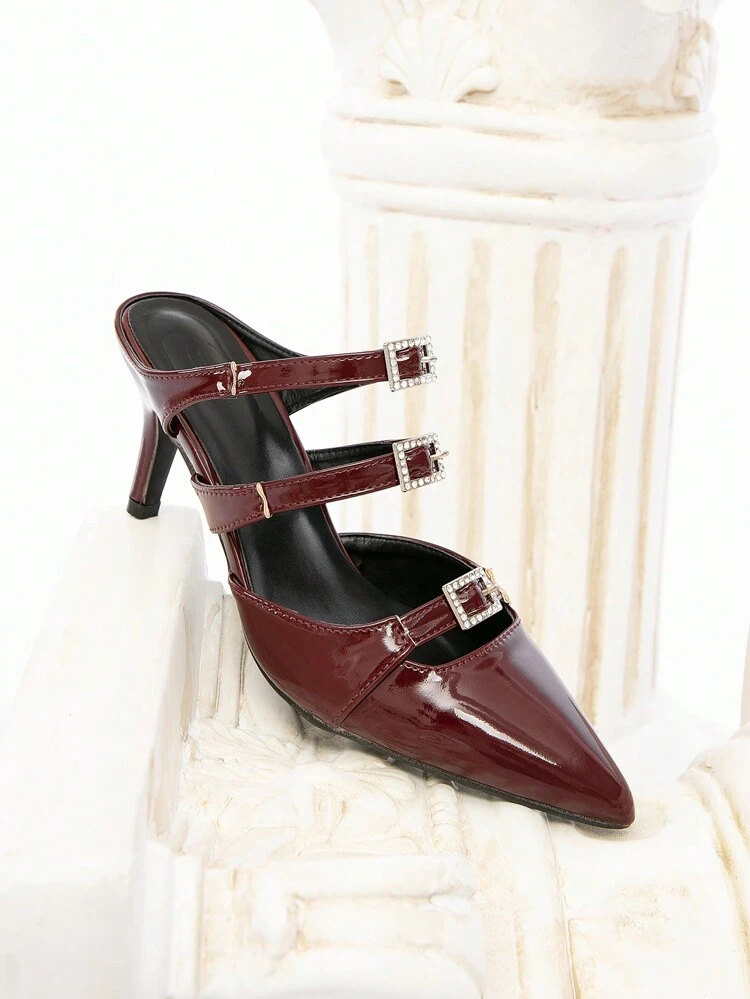 CUCCOO CHICEST Women's Pointed Toe Mid Heel Pumps With Crystal Embellished Triple Straps, Sexy And Elegant Burgundy Patent Leather/PU Mules Shoes For Party, Formal Occasions For Christmas And New Year Holiday Vibe Fall And Winter
