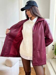 SHEIN EZwear Women Casual Drop Shoulder Loose Zip Up PU Leather Jacket, Autumn - Burgundy - View 6