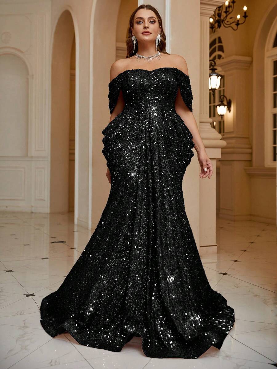 Plus Size Off Shoulder Criss-Cross Backless High Waisted Ruched Mermaid Sequin Floor Length Prom Dress, Formal Evening Gown, For Wedding Guest, Graduation, Dinner Party Dress, Bride Dress, Birthday Women Outfits, Formal Dress, Fall Women Clothes - 黑色 - 查看 1