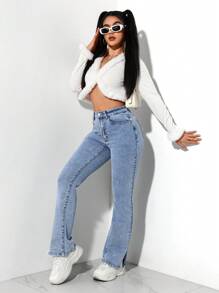 SHEIN PETITE 女士休闲喇叭口袋牛仔裤 - 藍色 - 查看 3