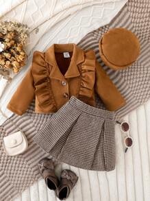 SHEIN Playful Pals Baby Girl Ruffle Trim Jacket & Skirt Set With Hat, Spring & Autumn Fall Clothes - Brown - View 3