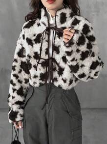 FRIFUL Women's Autumn/Winter Leopard Print Plus Fleece Thick Jacket With Front Tie,Thermal Lined - Multicolor - View 7