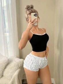 Sweetina Shorts mini de cintura baja de unicolor de múltiples capas, empalme de encaje de múltiples capas con estilo Y2K