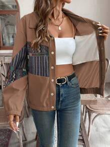 SHEIN LUNE Áo khoác nhung kẻ sọc họa tiết hình học vá vai rộng rãi phong cách cao bồi miền Tây dành cho nữ, mùa thu - trái cam - Xem 3