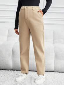 SHEIN Maternity Casual Basic Khaki Denim Tapered Leg Pants, Jeans - Khaki - View 4