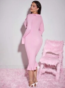 SHEIN SXY Plus Size Women's Minimalist Sexy V-Neck Ruffle Trim Pearl Button Decor Fitted Long Sleeve Dress, Suitable For Sexy Siren Coquettish, Date Night, Birthday, Bachelorette Party Outfit, Cute, Casual, Shopping, Streetwear, Going Out, Easy To Match & Looks Slim, Accent Your Body, Flatter The Figure