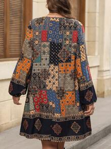 SHEIN LUNE 大码女式花卉印花圆领灯笼袖宽松直筒 A 字裙，节日风格感恩节装扮女士派对礼服