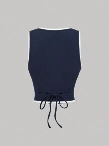 SHEIN MOD Retro Color Block Trim Women Set, Blazer Suit, Early Autumn Outfit - Navy Blue - View 8