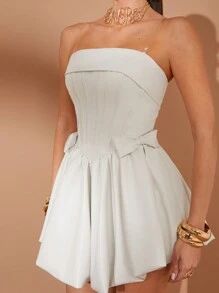 Lumalex 结婚周年纪念春节聚会季节情人节蝴蝶结装饰喇叭下摆迷你女士皮革连衣裙 - 白色 - 查看 4