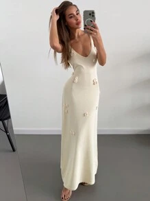 Aloruh 钩针编织优雅深 V 领无袖 3D 花卉装饰连衣裙，适合度假和约会 - 米色 - 查看 5