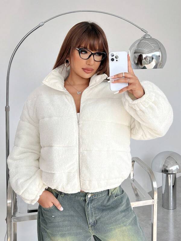 SHEIN EZwear Abrigo acolchado de manga larga con cremallera, suelto y suave de unicolor para tallas grandes, de invierno
