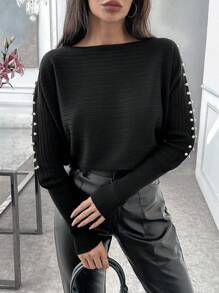 EURMUSE Crew Neck Studded Decorated Elegant Long Sleeve Pullover Sweater - Black - View 1
