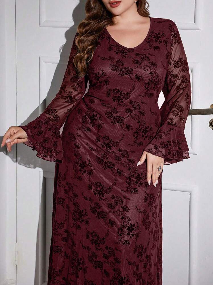 Modelyn Plus-Size Round Neck Long Sleeve Simple Long Casual Dress, Random Floral Print, Elegant A Line Length Dresses, For Evening Party/Wedding Guest/Anniversary Burgundy Color Women Outfit Long Evening Dresses Fall Cloth For Women - Burgundy - View 4
