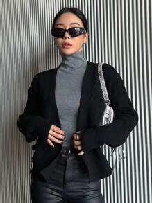 DAZY Design Sense Asymmetric Button V-Neck Knitted Pullover Sweater For Women