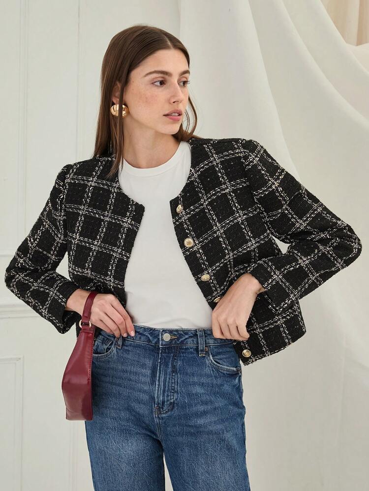 Autumn/Winter Romantic Holiday Women Black Plaid Round Neck Long Sleeve Metal Buttons Decor Elegant Short Tweed Jacket,Fall Women Clothes