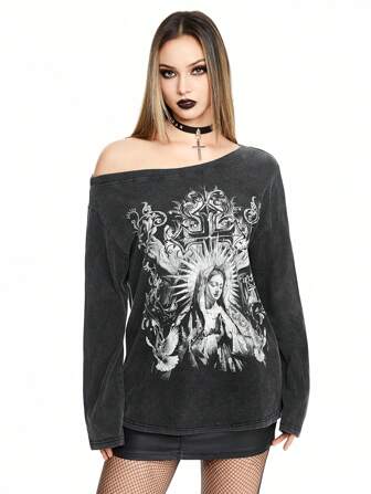 Goth Camiseta asimétrica extra grande para mujer con estampado de cruz gótica y Virgen María desgastada