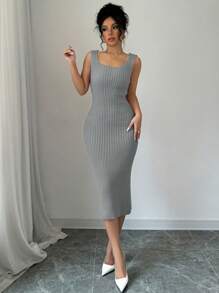 Elenzga 2pcs/Set New Arrival Twist Flower Round Neck Sweater Top And Bodycon Dress Knit Set For Women Fall Cloth For Women - Grey - View 6