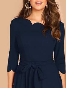 SHEIN Clasi Đầm cổ tròn viền vỏ sò màu trơn thanh lịch cho nữ - Màu xanh hải quân - Xem 5
