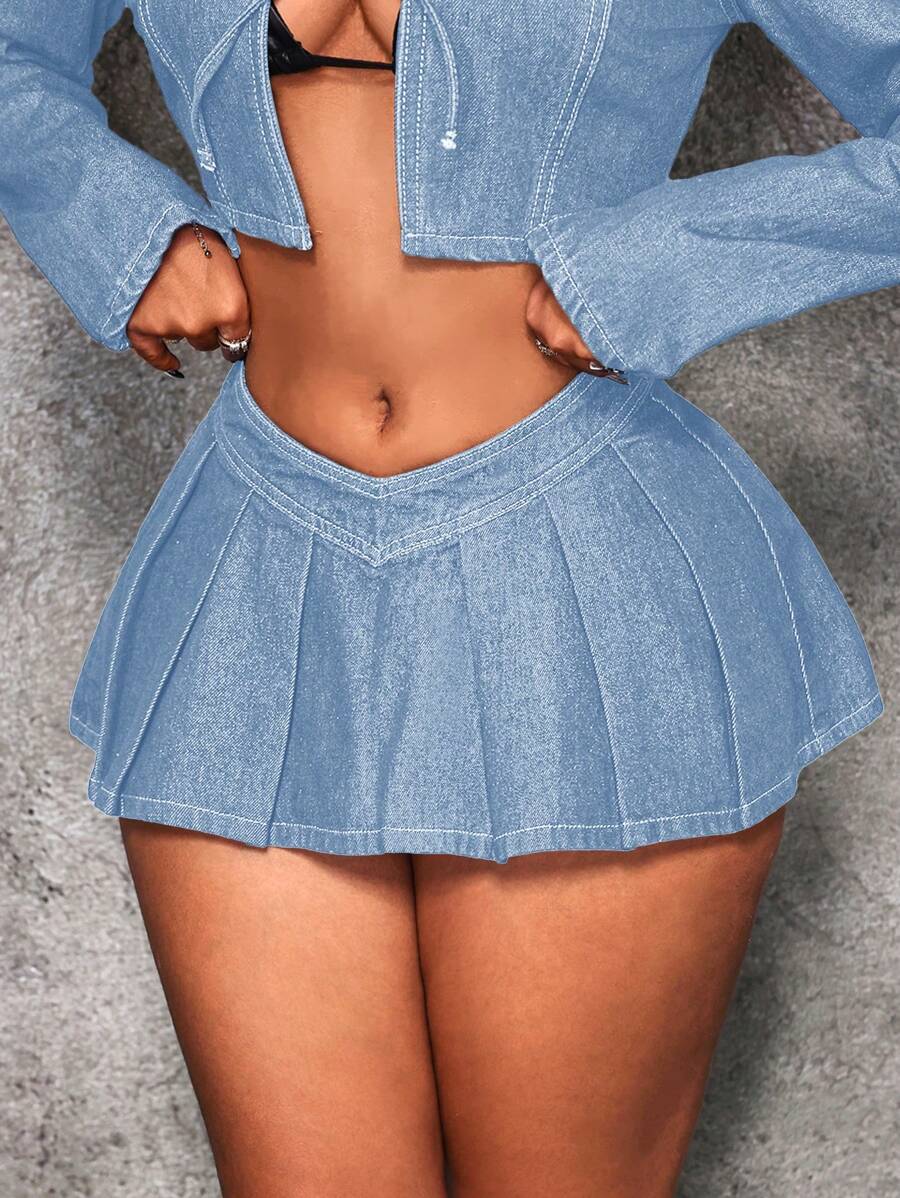 SHEIN ICON Women's Solid Color Pleated Zipper Sexy Denim Mini Skirt - Light Wash - View 1