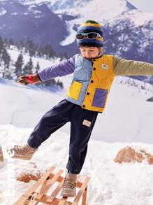 SHEIN 男童拼色贴标边饰棉服