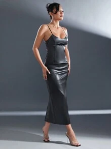 Hauture Váy Giáng sinh mini bodycon giả da màu đen dành cho nữ - màu đen - Xem 3
