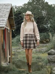 LanaWest 1pc Women Plaid Patchwork Long Sleeve 2 In 1 Dress
