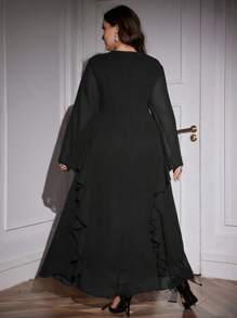 Modelyn Plus Size Women's Draped Neck Long Sleeve Solid Color Seaweed Striped Elegant Party Dress, Elegant A Line Maxi Length Dresses, For Evening Party/Wedding Guest/Anniversary - Black - View 2