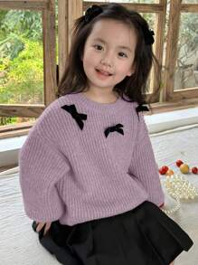 Dazy Kids Young Girl Casual Bowknot Decor Drop Shoulder Sweater, For Autumn/Winter