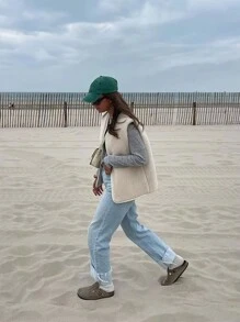 INAWLY Women's Solid Color Zip-Up Sleeveless Jacket, Autumn/Winter - Apricot - View 2