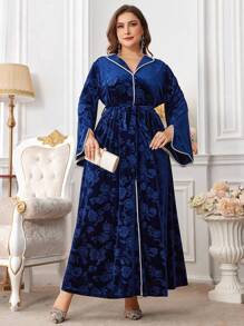 Al Najma New Elegant Arabian Women Plus Size Long Velvet Flower Detailed Ribboned Dress, Elegant Maxi Modest Long Sleeve Jalabiya Arabian Dresses, For Evening Party/Wedding Guest/Anniversary