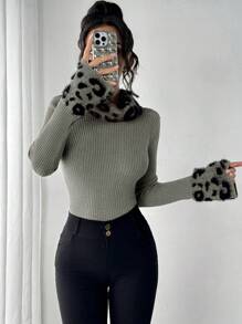 Elenzga Áo len cổ cao dày dặn, kiểu dáng châu Âu và Mỹ, màu nâu da báo, chất liệu jacquard mềm mại, ôm sát người, thích hợp cho hoạt động ngoài trời, ăn uống và mặc thường ngày. Áo len dệt kim mùa thu. - Xám - Xem 6