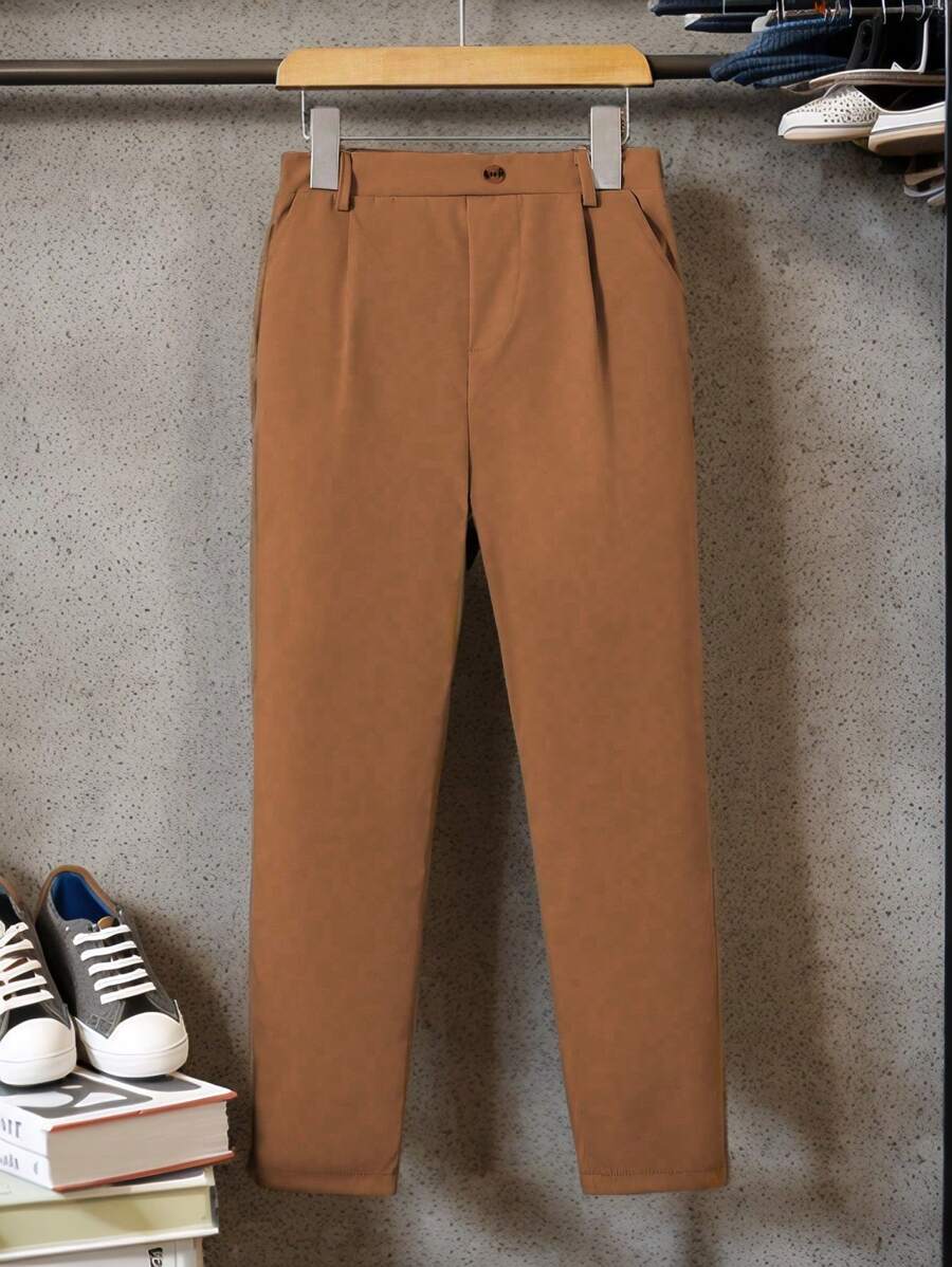 SHEIN Tween Boy Solid Brown Pleated Casual Tapered Pants, Suitable For College Parties - Brown - View 1