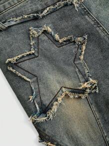 ROMWE Grunge Punk Y2K Baddie Americana 破洞拼布和磨损星星装饰紧身喇叭牛仔裤