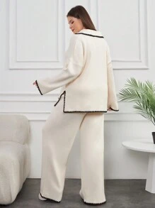 RueChic Plus 2 Pieces Binding Detailed Long Sleeve Set, For Winter - Apricot - View 2