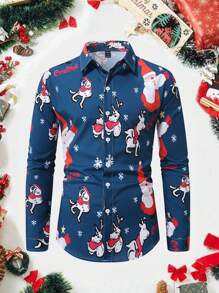 Manfinity Homme Chemise de Noël décontractée à manches longues pour hommes, avec motifs amusants et colorés de Père Noël, flocons de neige, cerfs blancs. Parfaite pour les vacances et à porter entre amis.