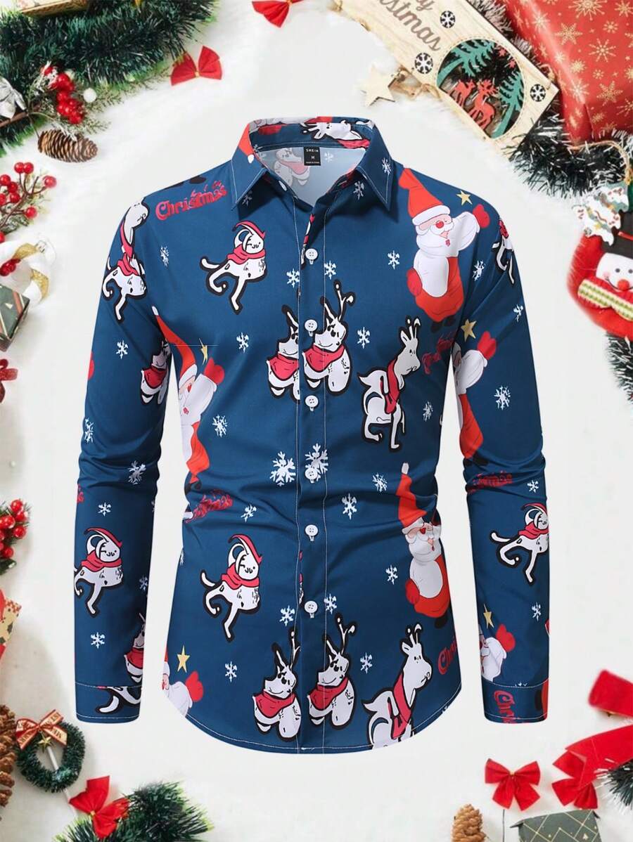 Manfinity Homme Chemise de Noël décontractée à manches longues pour hommes, avec motifs amusants et colorés de Père Noël, flocons de neige, cerfs blancs. Parfaite pour les vacances et à porter entre amis.