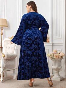 Al Najma New Elegant Arabian Women Plus Size Long Velvet Flower Detailed Ribboned Dress, Elegant Maxi Modest Long Sleeve Jalabiya Arabian Dresses, For Evening Party/Wedding Guest/Anniversary