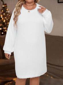 SHEIN LUNE Plus Size Casual Drop Shoulder Crew Neck Long Sleeve Sweater Dress, For Winter