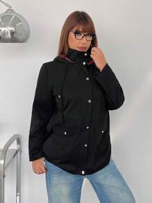 SHEIN EZwear Plus Size Women Long Sleeve Solid Color Pocket Casual Loose Hooded Jacket, Autumn - Black - View 4