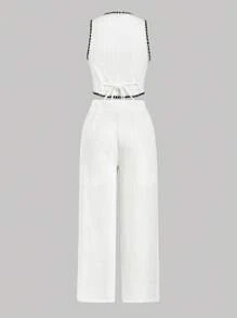SHEIN MOD Set de 2 piezas de pantalones anchos de pierna ancha y Top sin mangas con cintas de contraste para mujer talla grande - Blanco - Ver 2