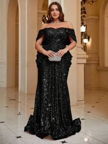 Plus Size Off Shoulder Criss-Cross Backless High Waisted Ruched Mermaid Sequin Floor Length Prom Dress, Formal Evening Gown, For Wedding Guest, Graduation, Dinner Party Dress, Bride Dress, Birthday Women Outfits, Formal Dress, Fall Women Clothes - 黑色 - 查看 7