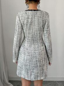 Elenzga Váy midi cổ vuông ôm vừa vặn màu sắc cổ điển kiểu Pháp cho nữ vào đầu thu vải tuýt dành cho nữ - Đen và trắng - Xem 2