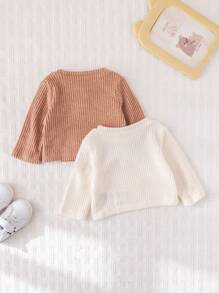 SHEIN 2 chiếc áo len dệt kim cổ tròn tay dài ấm áp kết cấu đơn giản thường ngày cho bé trai/bé gái sơ sinh, đa năng cho cả trong nhà và ngoài trời, mùa thu/đông - Màu Khaki - Xem 2