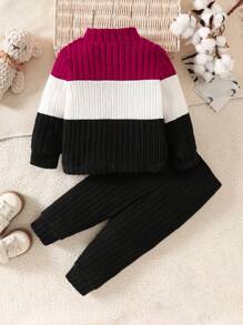 SHEIN Playful Pals 男婴拼色贴花领长袖上衣和纯色裤子两件套服装，秋冬 - 彩色 - 查看 2