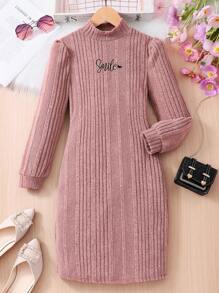 Tween Girl Letter Embroidery Ribbed Long Sleeve Dress - Pink - View 1